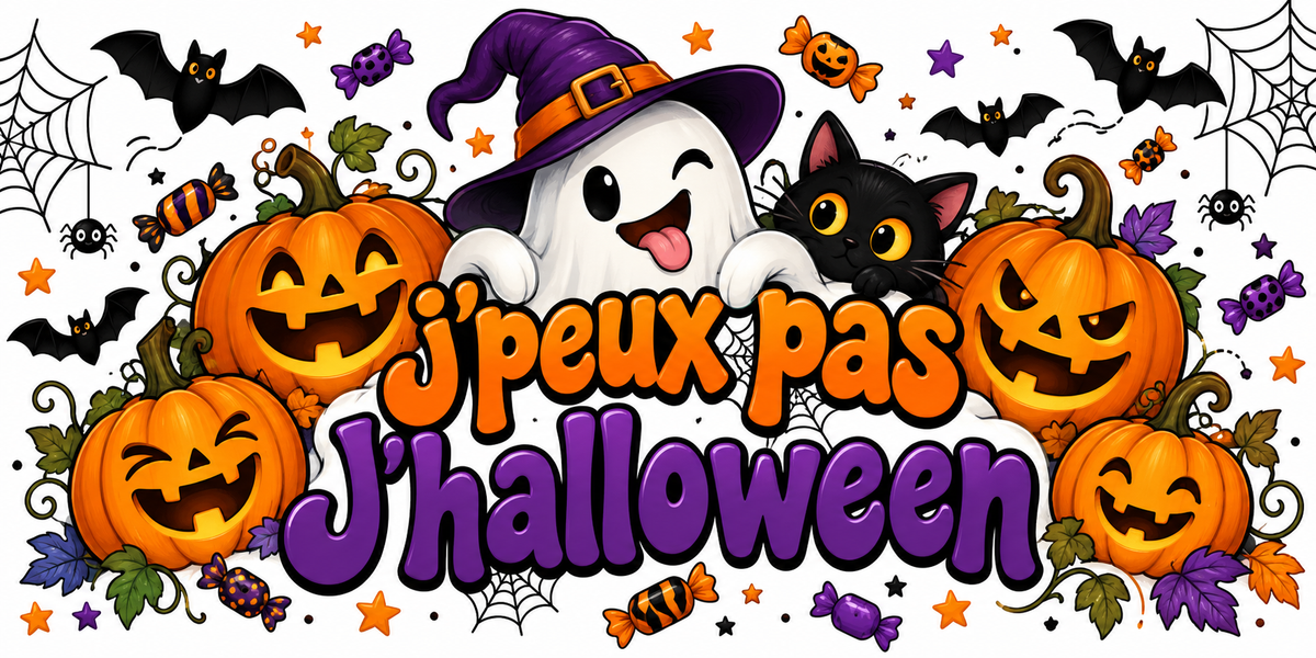 Illustration Halloween sur fond blanc : petit fantôme qui tire la langue sous un chapeau de sorcière violet, chat noir aux yeux jaunes, citrouilles sculptées rieuses, chauves-souris, toiles d'araignée, bonbons et feuilles d'automne, slogan J'peux pas J'halloween orange et violet