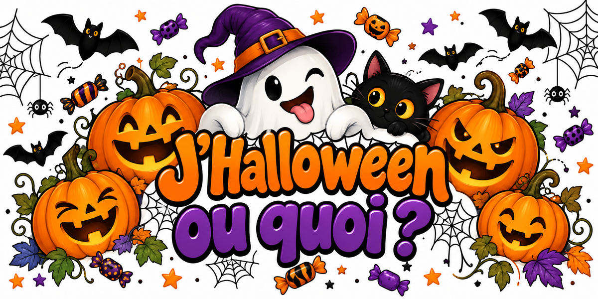 Illustration Halloween sur fond blanc : fantôme au chapeau de sorcière violet qui fait un clin d'œil, chat noir, citrouilles sculptées rieuses, chauves-souris, toiles d'araignée, bonbons et feuilles d'automne, slogan J'Halloween ou quoi ? orange et violet