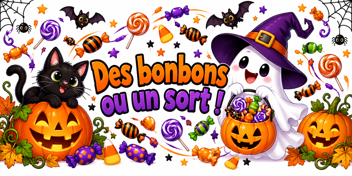 Illustration Halloween sur fond blanc : chat noir perché sur une citrouille sculptée, fantôme en chapeau de sorcière violet qui tient un seau citrouille rempli de bonbons, sucettes, bonbons emballés, chauves-souris et toiles d'araignée, slogan Des bonbons ou un sort ! orange et violet