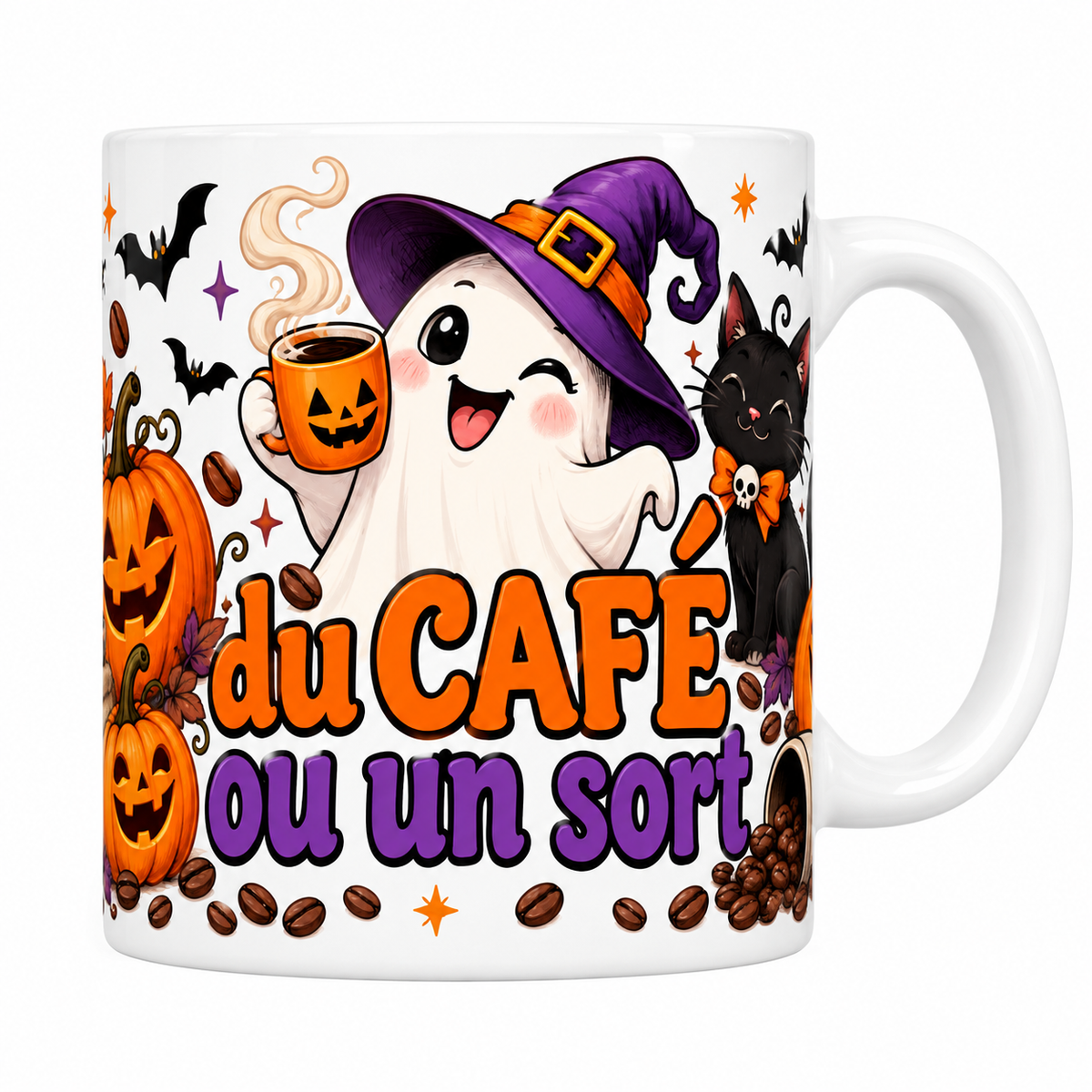 Mug blanc céramique imprimé du slogan du CAFÉ ou un sort orange et violet, fantôme en chapeau de sorcière tenant une tasse de café fumante et chat noir