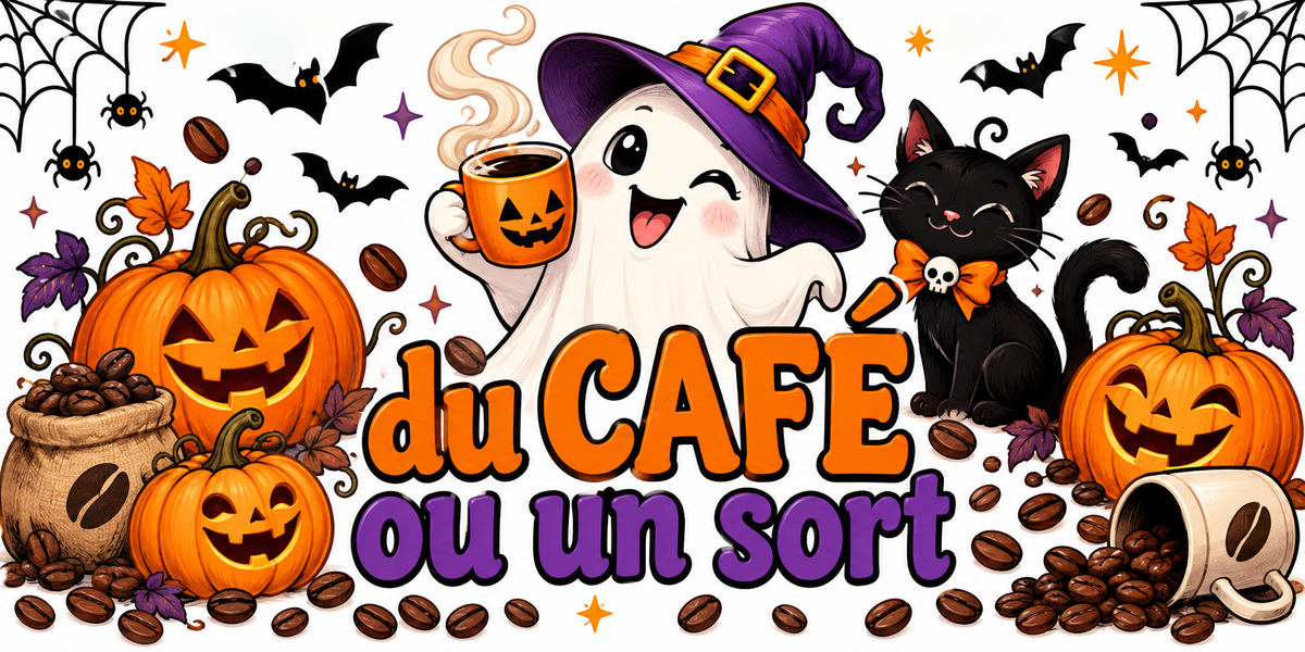 Illustration Halloween sur fond blanc : fantôme en chapeau de sorcière violet qui tient une tasse citrouille de café fumant, chat noir au nœud orange, citrouilles sculptées, sac et grains de café, tasse renversée, chauves-souris et toiles d'araignée, slogan du CAFÉ ou un sort orange et violet