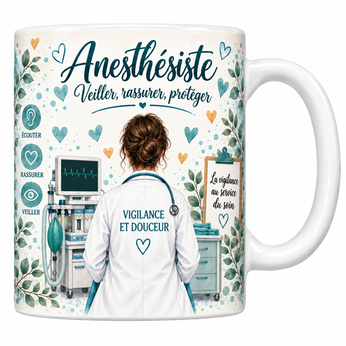 Mug céramique blanc Anesthésiste aquarelle : praticienne de dos devant son respirateur, devise Veiller, rassurer, protéger, feuillages bleu canard