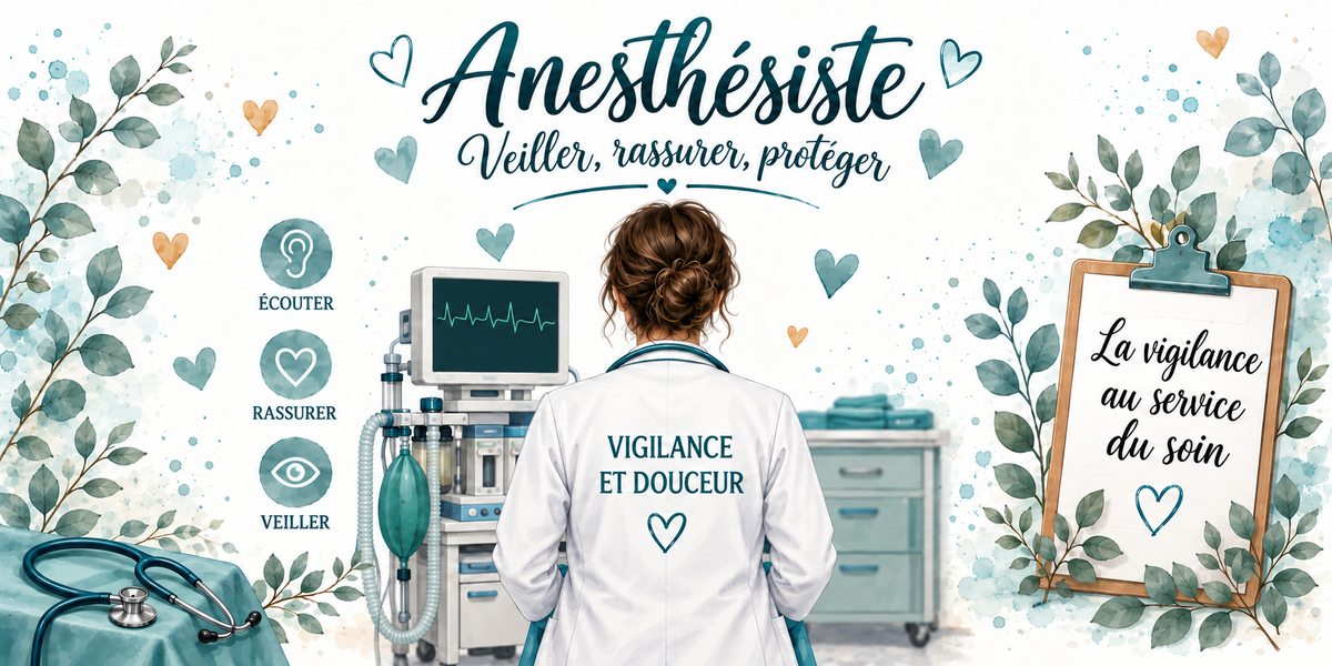 Design du mug Anesthésiste : calligraphie bleu canard, médaillons écouter, rassurer, veiller, moniteur et respirateur, presse-papiers La vigilance au service du soin