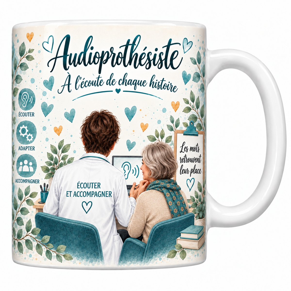 Mug céramique blanc Audioprothésiste aquarelle : praticien de dos avec sa patiente devant l'écran de réglage, devise À l'écoute de chaque histoire