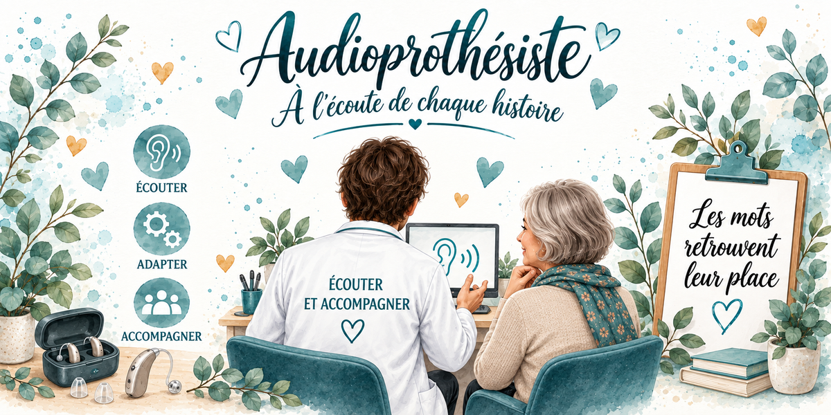 Design du mug Audioprothésiste : calligraphie bleu canard, médaillons écouter, adapter, accompagner, aides auditives sur la table, presse-papiers Les mots retrouvent leur place