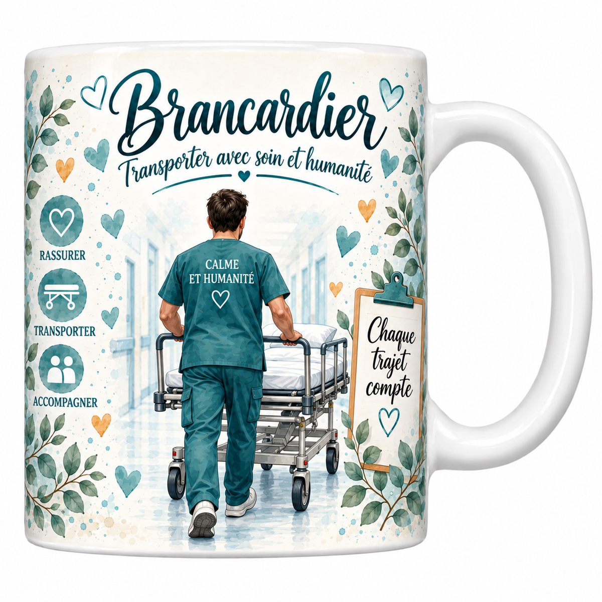 Mug céramique blanc Brancardier aquarelle : brancardier de dos poussant un lit dans le couloir, tunique Calme et humanité, devise Transporter avec soin et humanité