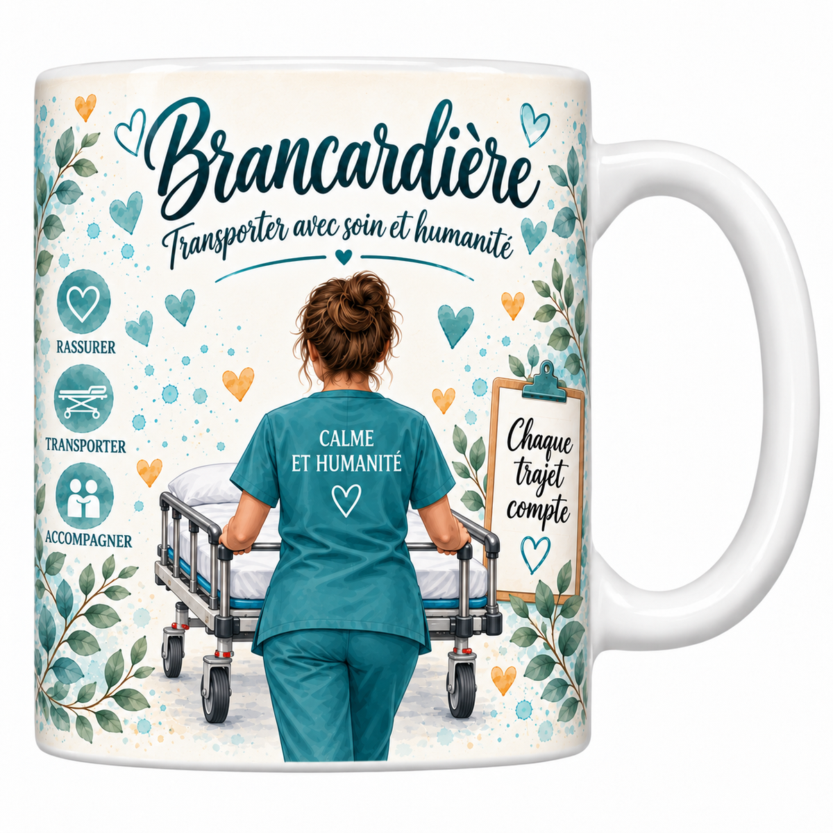 Mug céramique blanc Brancardière aquarelle : brancardière de dos manœuvrant un lit, tunique Calme et humanité, devise Transporter avec soin et humanité