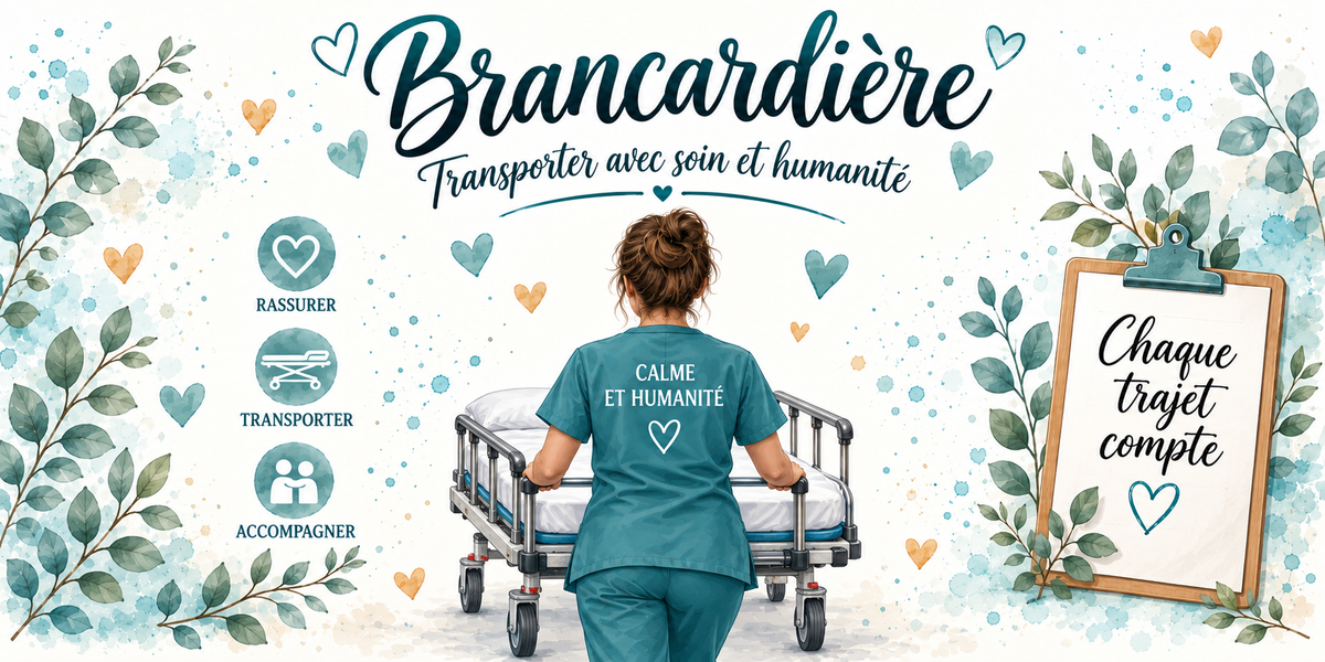 Design du mug Brancardière : calligraphie bleu canard, médaillons rassurer, transporter, accompagner, lit d'hôpital, presse-papiers Chaque trajet compte