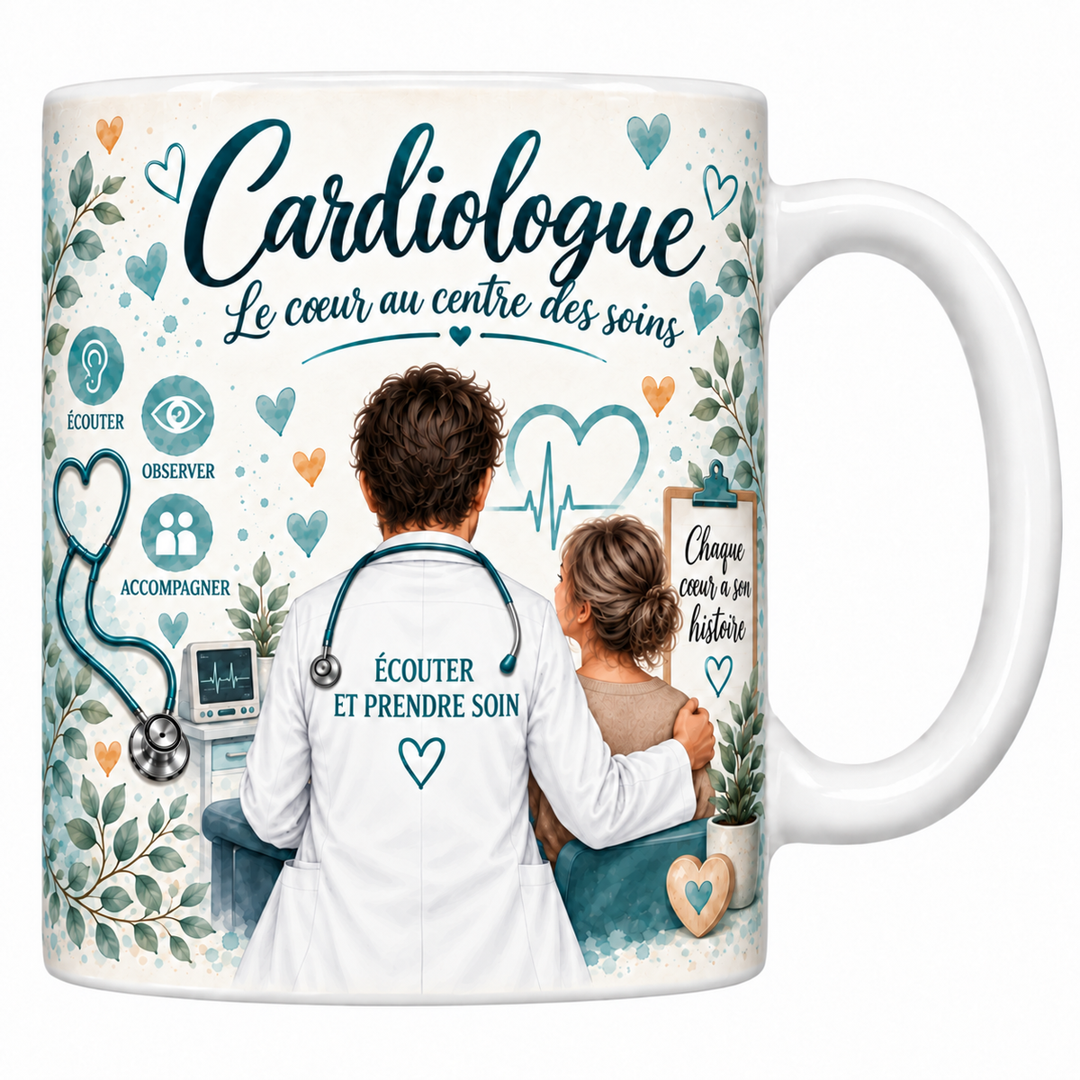 Mug céramique blanc Cardiologue aquarelle : praticien de dos la main sur l'épaule de sa patiente, stéthoscope en forme de cœur, devise Le cœur au centre des soins