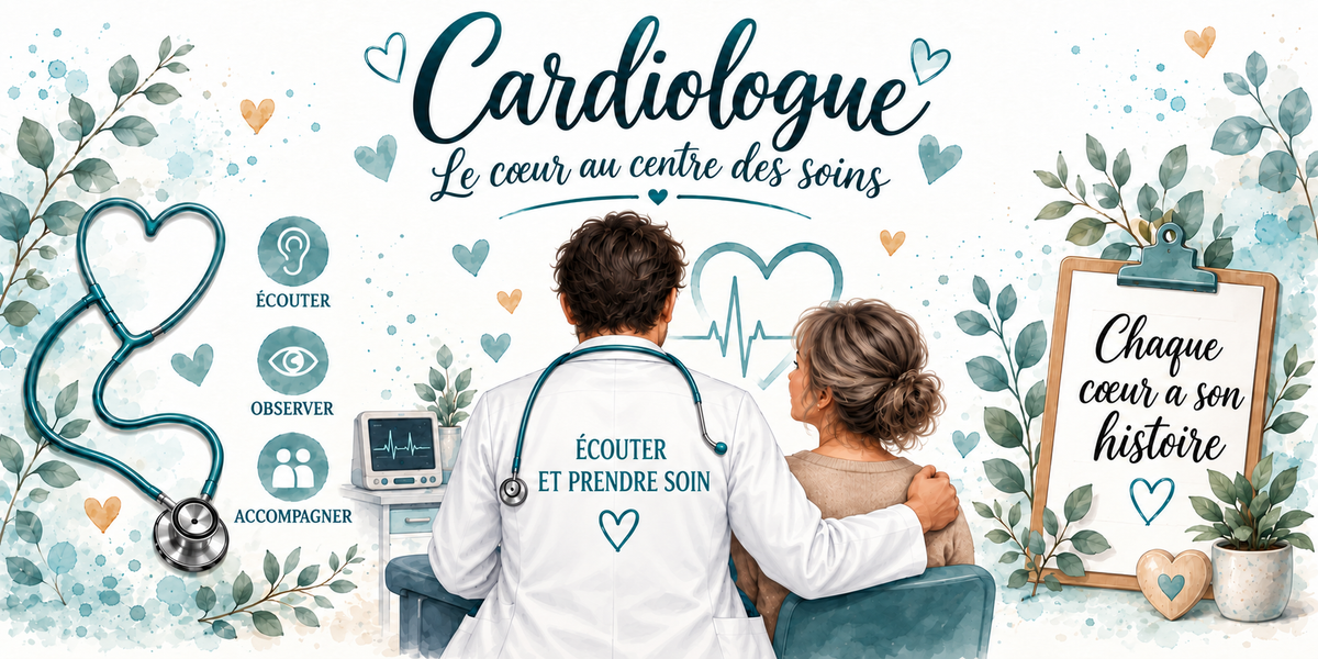 Design du mug Cardiologue : calligraphie bleu canard, médaillons écouter, observer, accompagner, tracé ECG et stéthoscope en cœur, presse-papiers Chaque cœur a son histoire