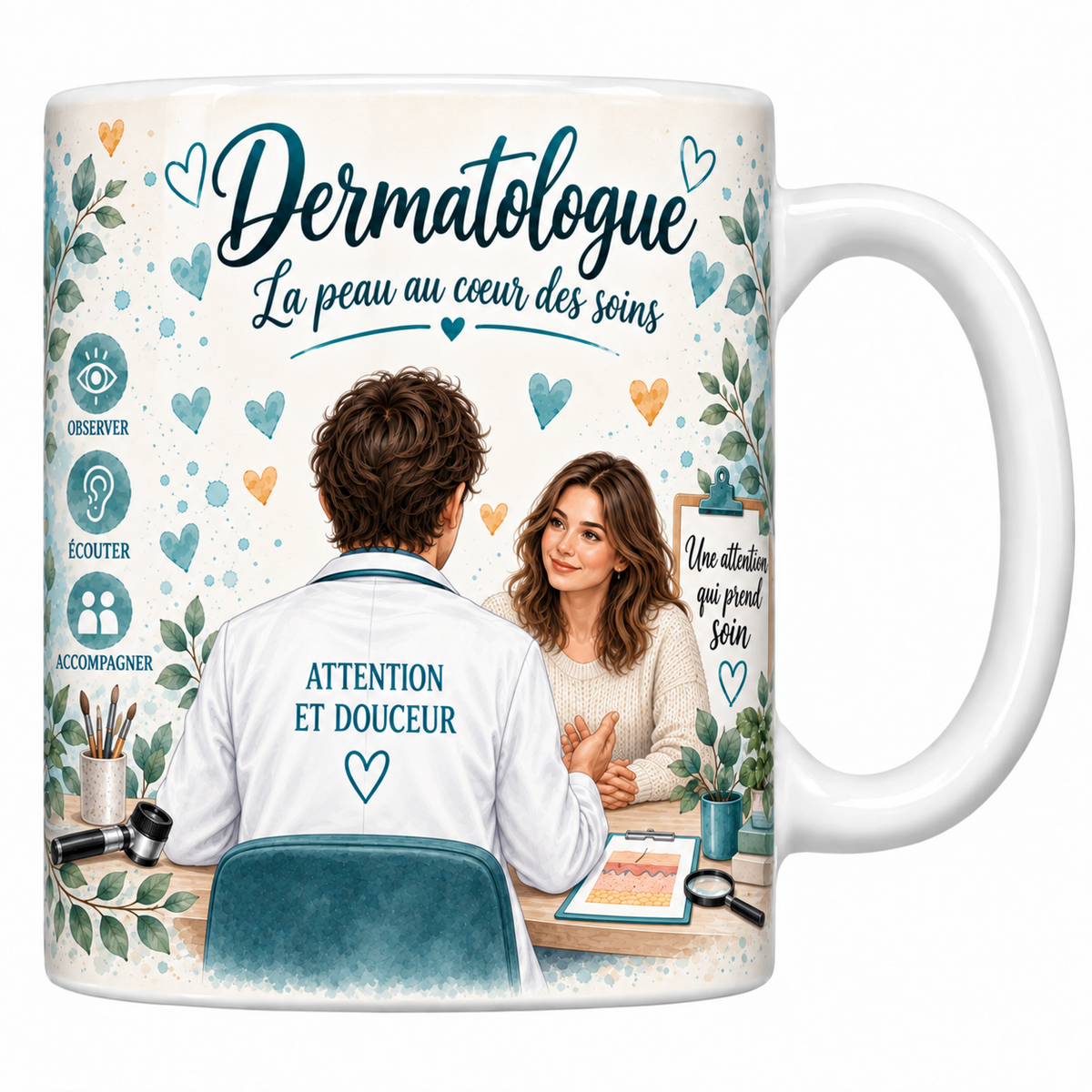 Mug céramique blanc Dermatologue aquarelle : praticien de dos face à sa patiente, dermatoscope et loupe sur le bureau, devise La peau au cœur des soins