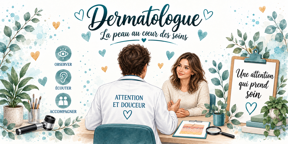 Design du mug Dermatologue : calligraphie bleu canard, médaillons observer, écouter, accompagner, consultation avec dermatoscope, presse-papiers Une attention qui prend soin