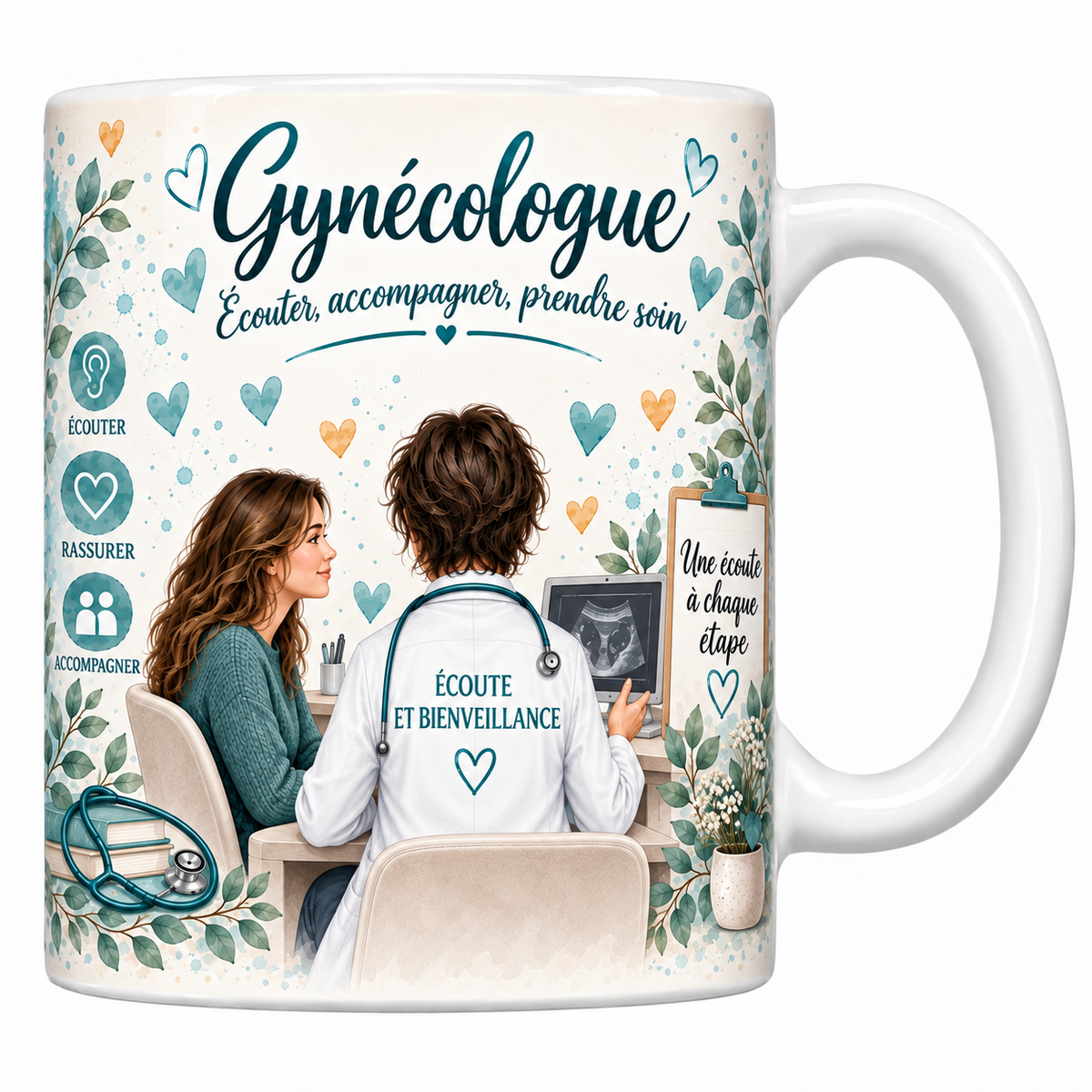 Mug céramique blanc Gynécologue aquarelle : praticien de dos et sa patiente devant l'écran d'échographie, devise Écouter, accompagner, prendre soin