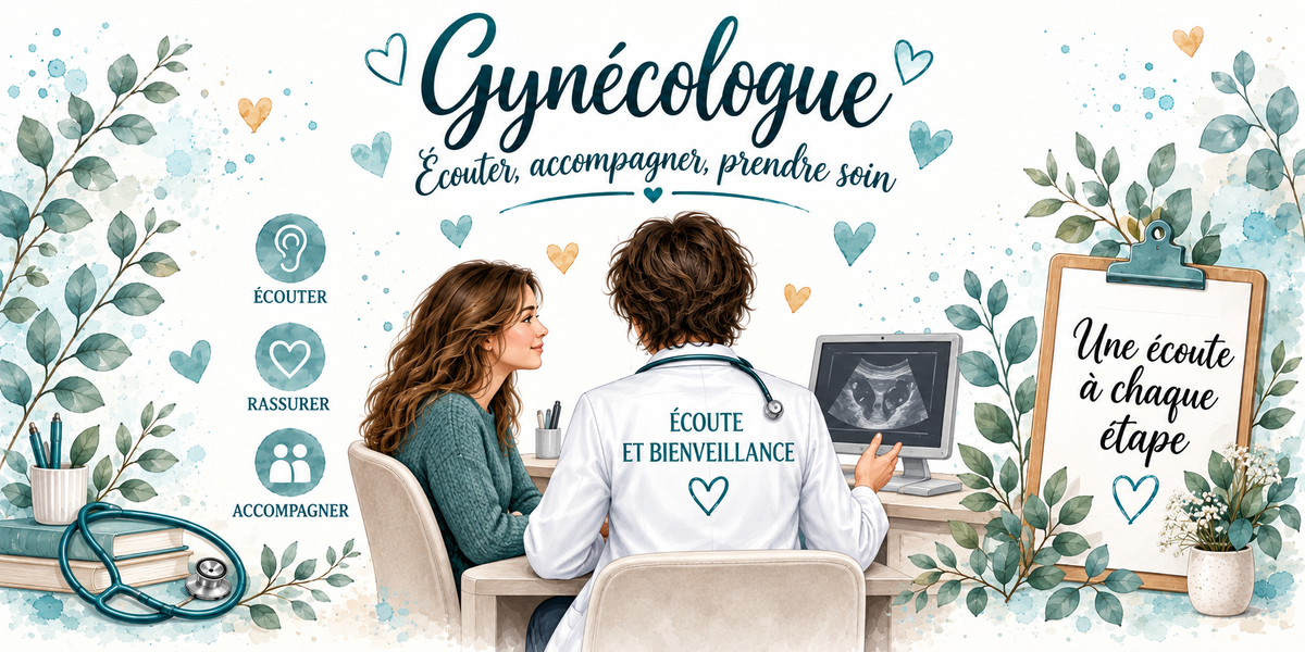 Design du mug Gynécologue : calligraphie bleu canard, médaillons écouter, rassurer, accompagner, écran d'échographie, presse-papiers Une écoute à chaque étape