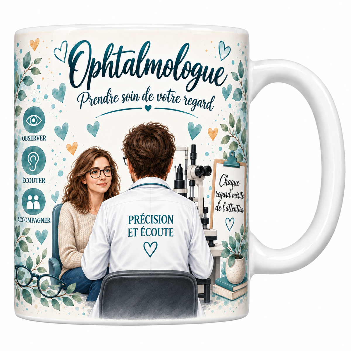 Mug céramique blanc Ophtalmologue aquarelle : praticien de dos devant la lampe à fente, patiente à lunettes, devise Prendre soin de votre regard