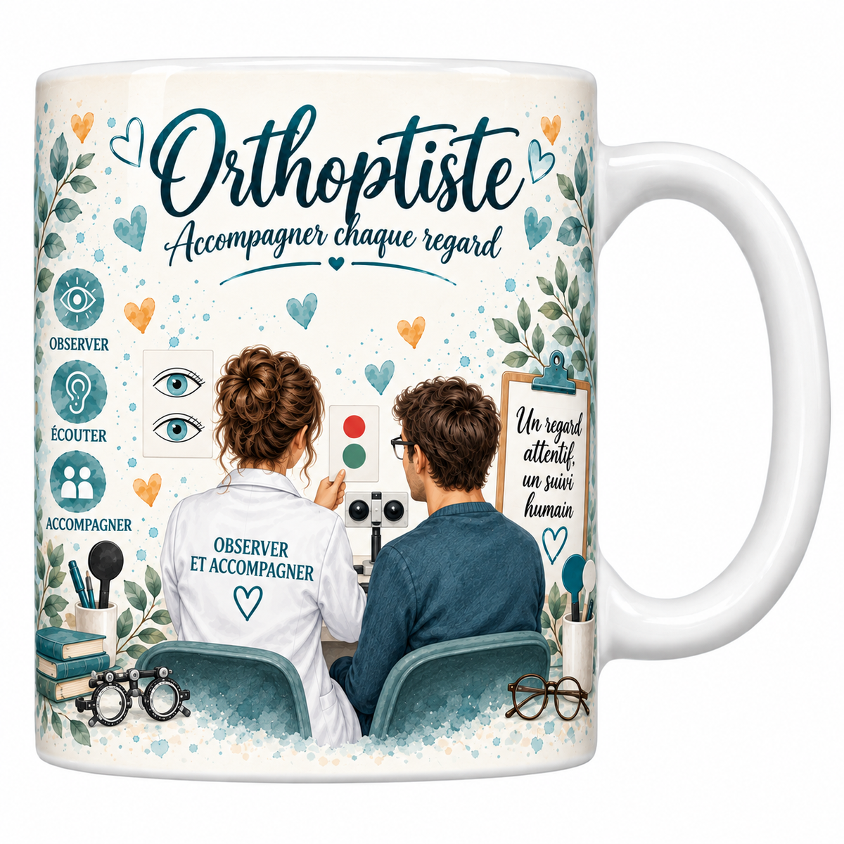 Mug céramique blanc Orthoptiste aquarelle : orthoptiste de dos face à son patient, planche d'yeux et cibles de rééducation, devise Accompagner chaque regard