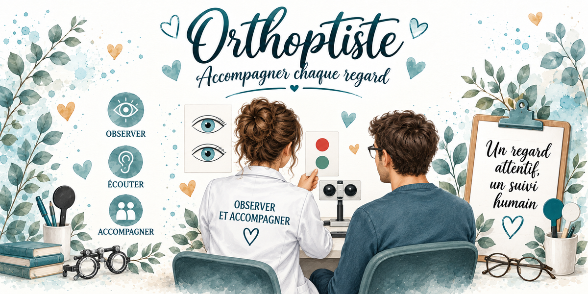 Design du mug Orthoptiste : calligraphie bleu canard, médaillons observer, écouter, accompagner, monture d'essai et planche d'yeux, presse-papiers Un regard attentif, un suivi humain