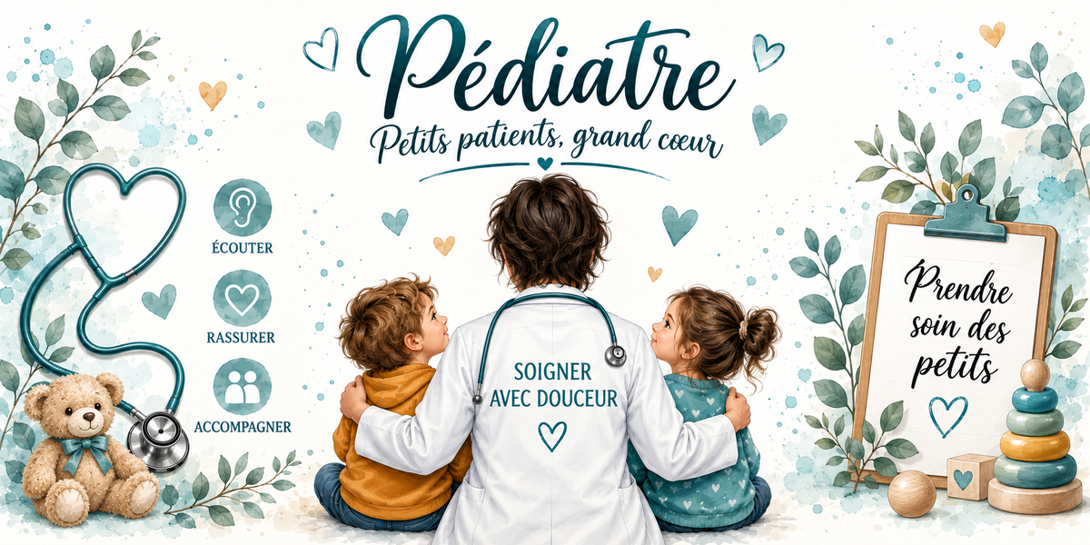 Design du mug Pédiatre : calligraphie bleu canard, médaillons écouter, rassurer, accompagner, enfants, peluche et jouets, presse-papiers Prendre soin des petits