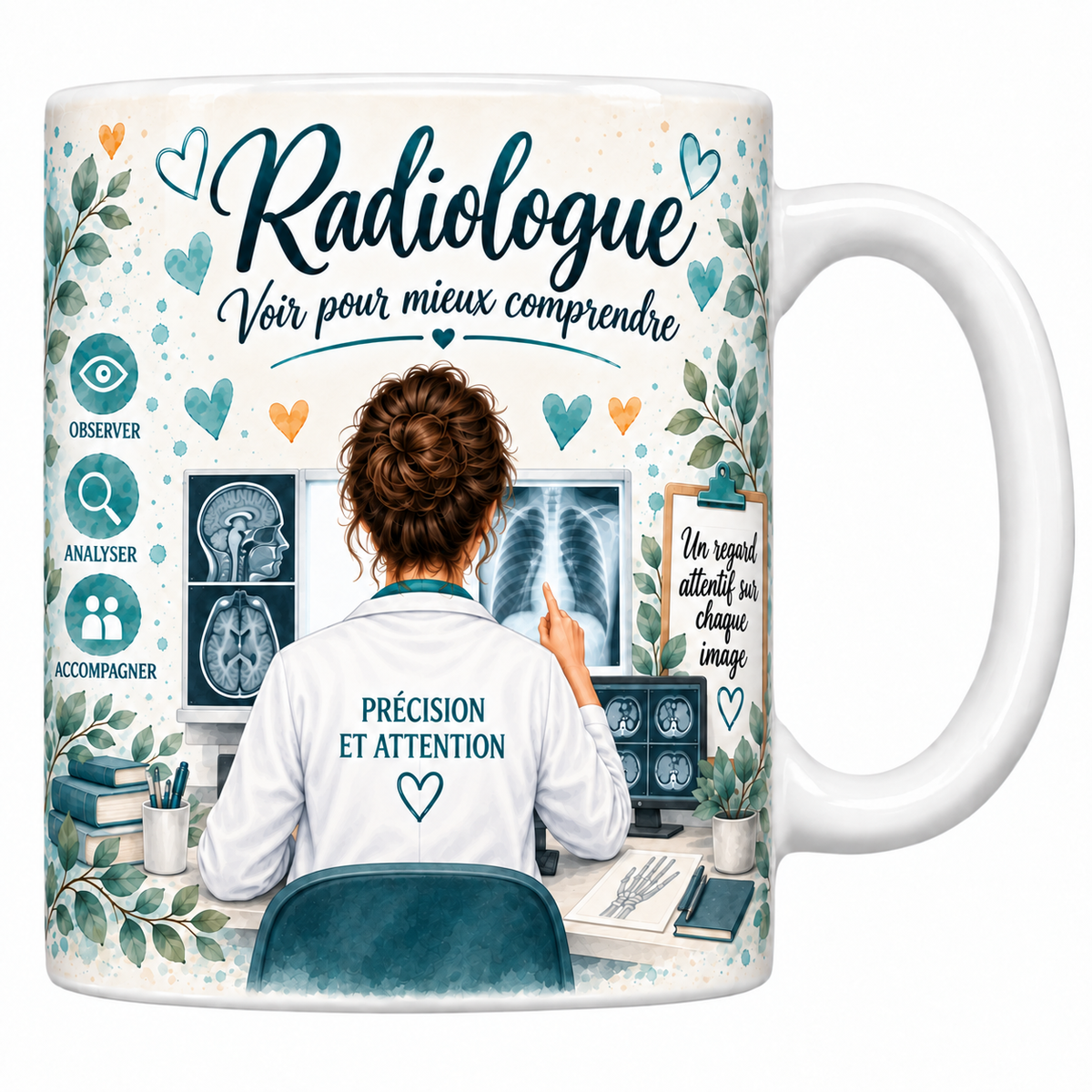 Mug céramique blanc Radiologue aquarelle : radiologue de dos devant son négatoscope, radio du thorax et coupes d'IRM, devise Voir pour mieux comprendre