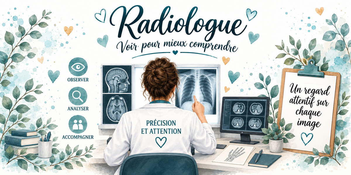 Design du mug Radiologue : calligraphie bleu canard, médaillons observer, analyser, accompagner, négatoscope et écrans d'imagerie, presse-papiers Un regard attentif sur chaque image