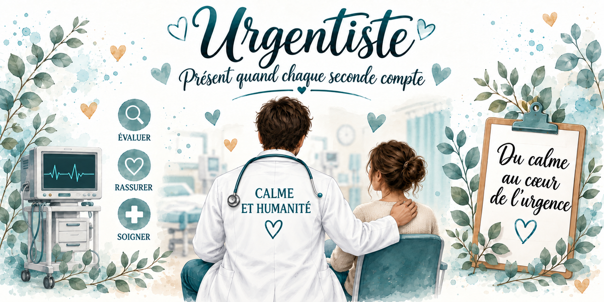 Design du mug Urgentiste : calligraphie bleu canard, médaillons évaluer, rassurer, soigner, box d'urgence et moniteur, presse-papiers Du calme au cœur de l'urgence