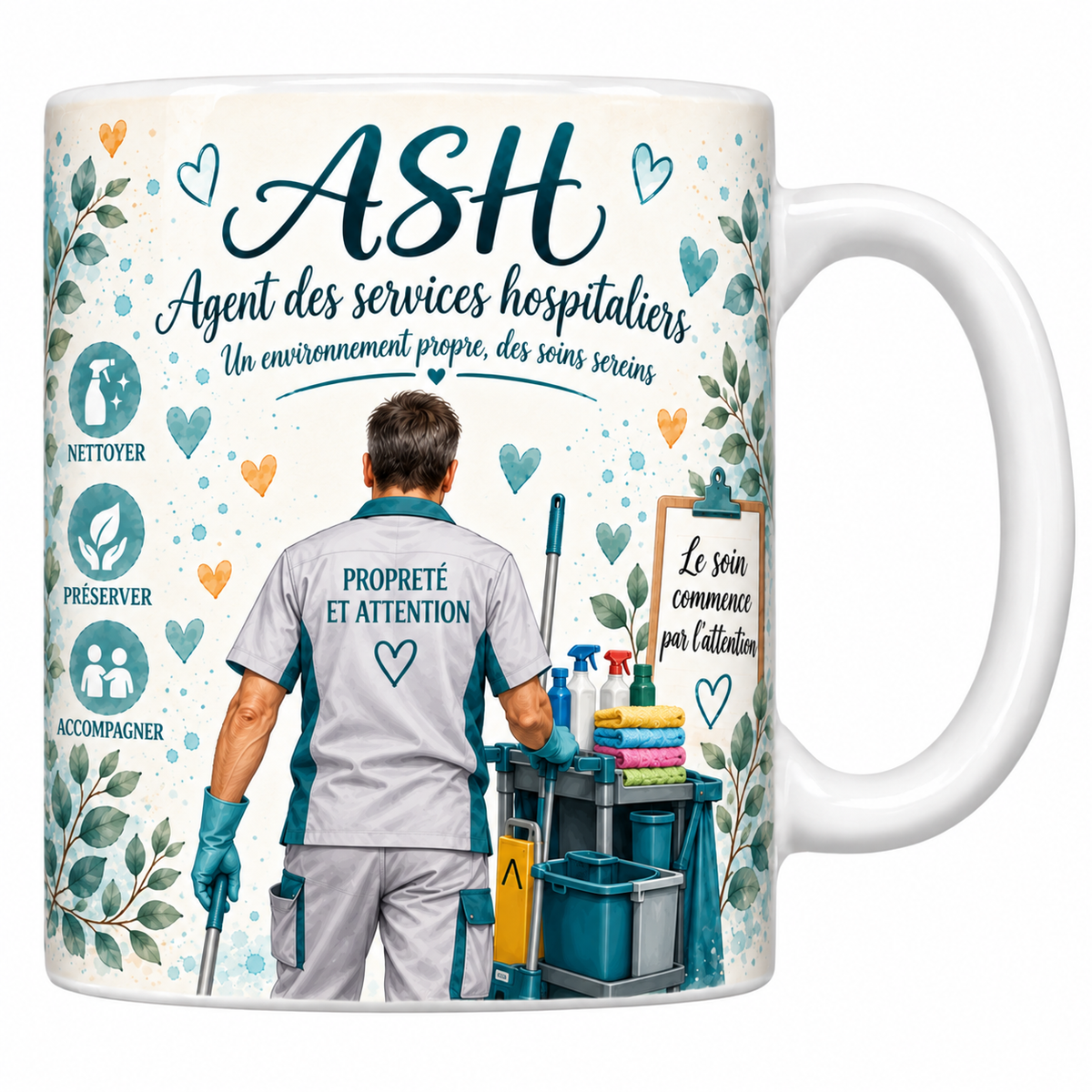 Mug céramique blanc ASH aquarelle : agent des services hospitaliers de dos devant son chariot de nettoyage, gants bleus, devise Un environnement propre, des soins sereins