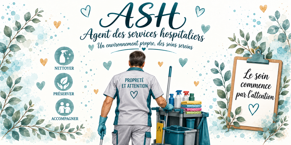 Design du mug ASH Agent des services hospitaliers : calligraphie bleu canard, médaillons nettoyer, préserver, accompagner, chariot et serpillière, presse-papiers Le soin commence par l'attention