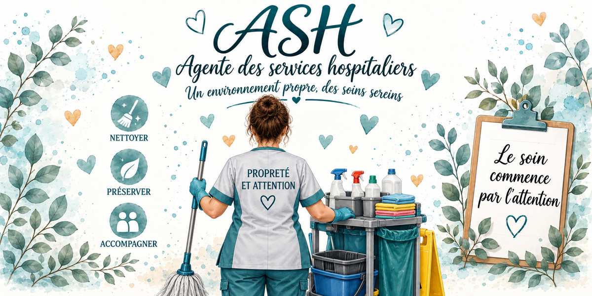 Design du mug ASH Agente des services hospitaliers : calligraphie bleu canard, médaillons nettoyer, préserver, accompagner, chariot et seaux, presse-papiers Le soin commence par l'attention