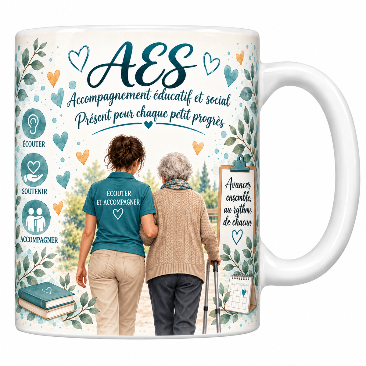 Mug céramique blanc AES aquarelle : accompagnante de dos soutenant une dame âgée à la canne dans un parc, devise Présent pour chaque petit progrès