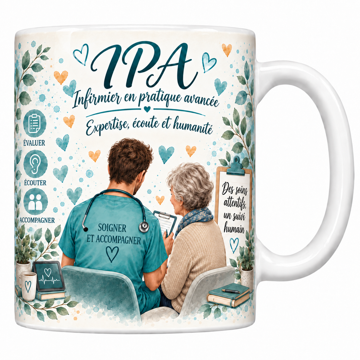Mug céramique blanc IPA Infirmier en pratique avancée aquarelle : infirmier de dos en tunique bleu canard face à sa patiente âgée, devise Expertise, écoute et humanité