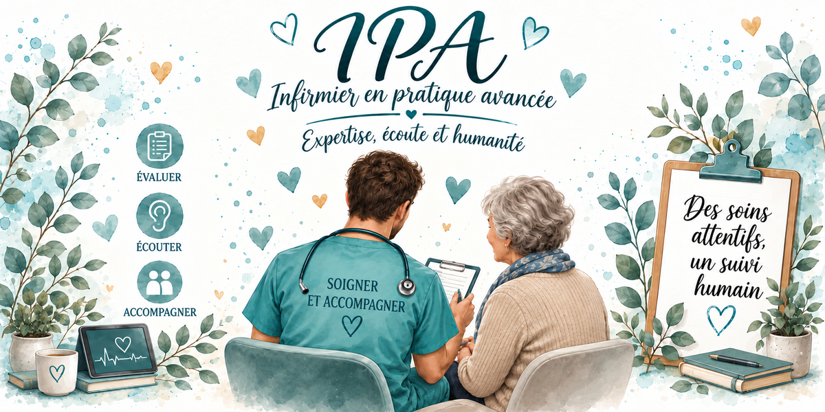 Design du mug IPA Infirmier en pratique avancée : calligraphie bleu canard, médaillons évaluer, écouter, accompagner, tablette au tracé cardiaque, presse-papiers Des soins attentifs, un suivi humain