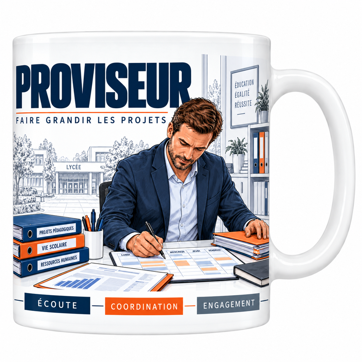 Mug céramique blanc Proviseur : le proviseur en blazer bleu marine signant le planning de la semaine, classeurs et façade du lycée, devise Faire grandir les projets, cartouches Écoute, Coordination, Engagement