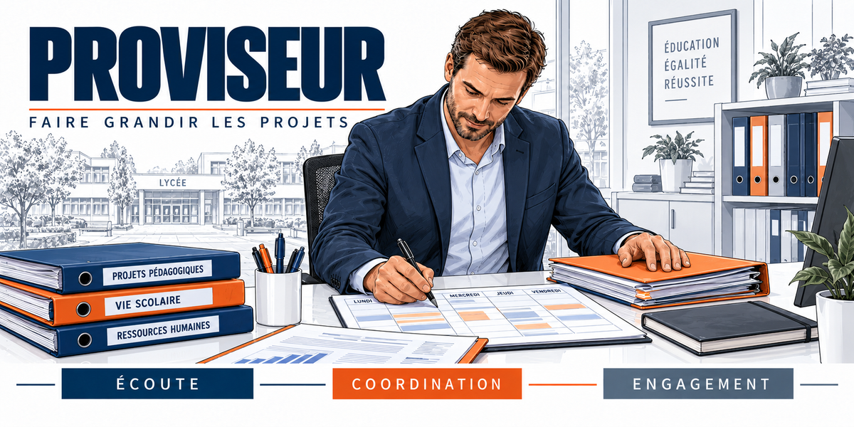 Design du mug Proviseur : titre en capitales bleu marine, le proviseur en blazer bleu marine au bureau, classeurs Projets pédagogiques, Vie scolaire, Ressources humaines, lycée par la fenêtre, cartouches Écoute, Coordination, Engagement