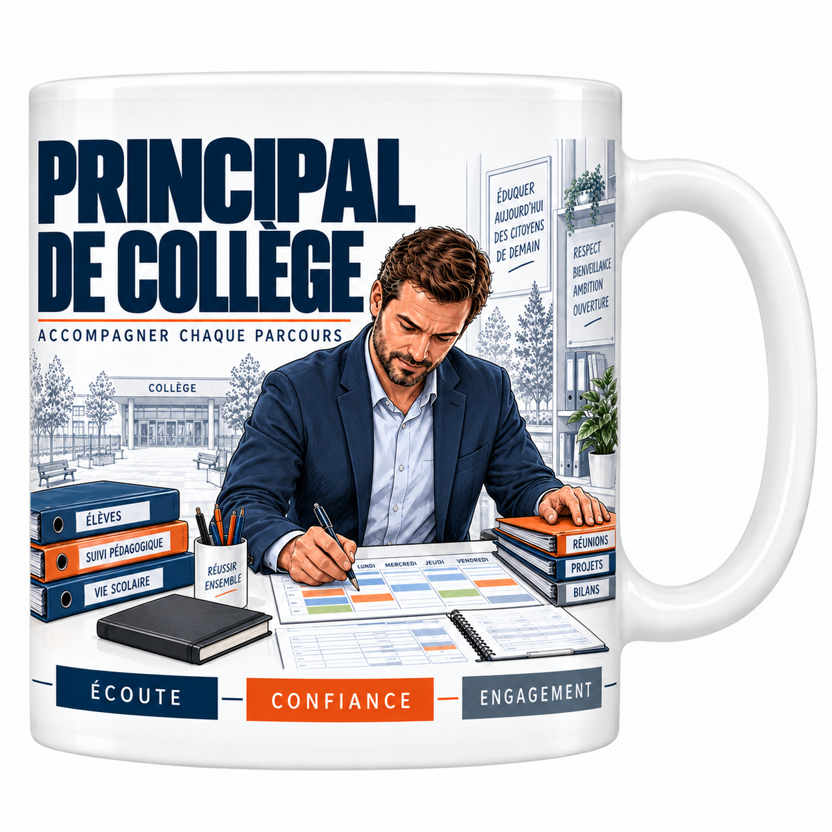 Mug céramique blanc Principal de Collège : le principal en blazer bleu marine remplissant l'emploi du temps, classeurs Élèves, Suivi pédagogique et Vie scolaire, collège par la fenêtre, devise Accompagner chaque parcours