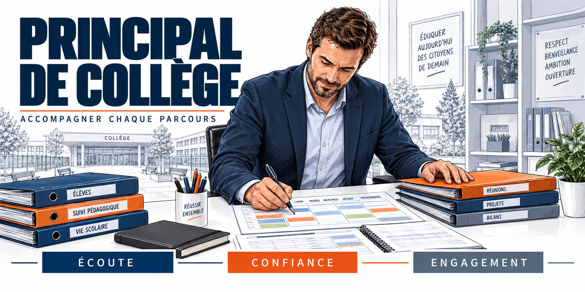 Design du mug Principal de Collège : titre en capitales bleu marine, le principal en blazer bleu marine au bureau, classeurs Élèves, Suivi pédagogique et Vie scolaire, cadre Éduquer aujourd'hui des citoyens de demain, cartouches Écoute, Confiance, Engagement