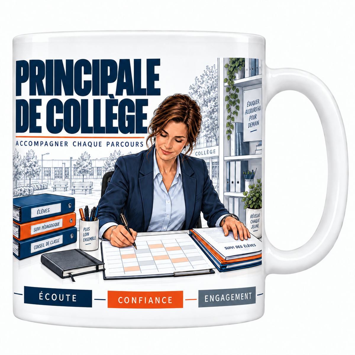 Mug céramique blanc Principale de Collège : la principale en blazer bleu marine remplissant l'emploi du temps, classeurs Élèves, Suivi pédagogique et Conseil de classe, collège par la fenêtre, devise Accompagner chaque parcours