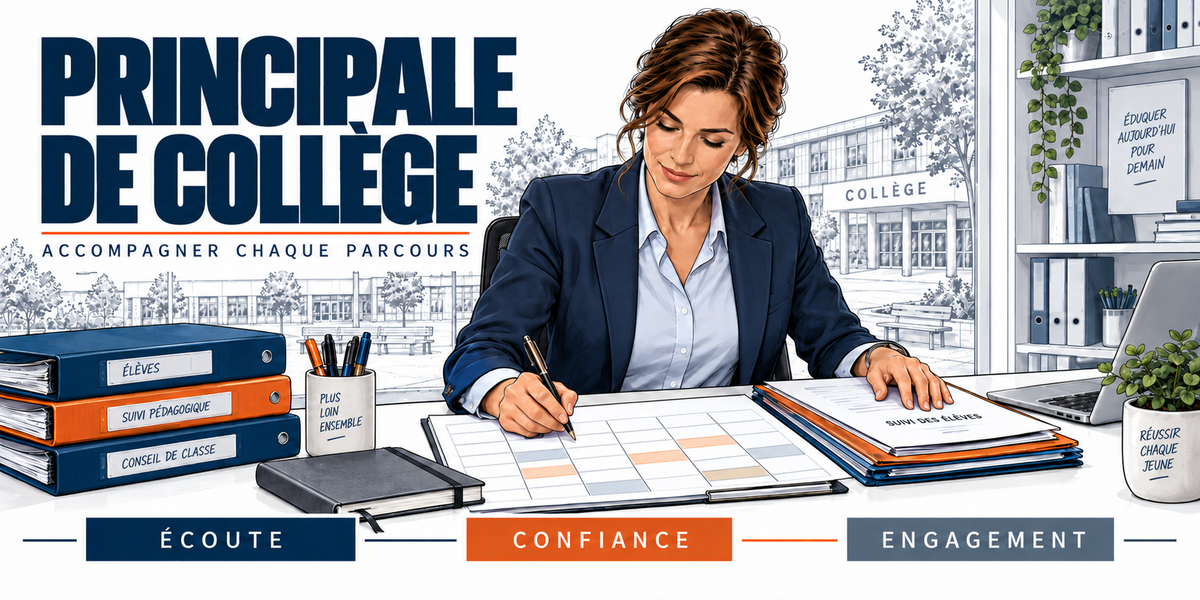 Design du mug Principale de Collège : titre en capitales bleu marine, la principale en blazer bleu marine au bureau, classeurs Élèves, Suivi pédagogique et Conseil de classe, cadre Éduquer aujourd'hui des citoyens de demain, cartouches Écoute, Confiance, Engagement