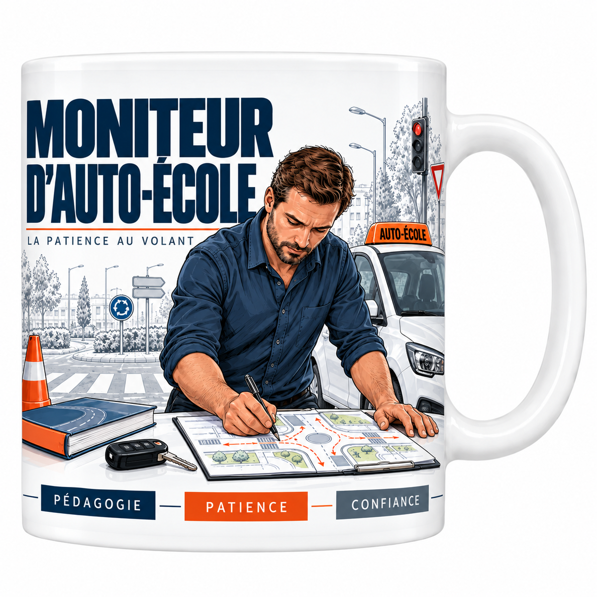 Mug céramique blanc Moniteur d'Auto-École : le moniteur en chemise bleu marine traçant un rond-point sur un plan, voiture-école blanche au panneau orange, cône et feu rouge, devise La patience au volant