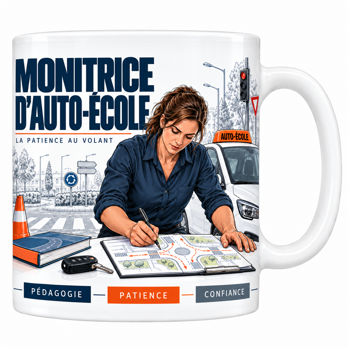 Mug céramique blanc Monitrice d'Auto-École : la monitrice en chemise bleu marine traçant un rond-point sur un plan, voiture-école blanche au panneau orange, cône et feu rouge, devise La patience au volant