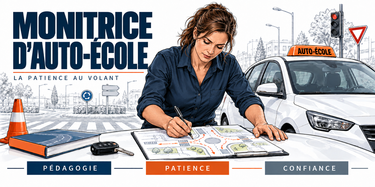 Design du mug Monitrice d'Auto-École : titre en capitales bleu marine, la monitrice en chemise bleu marine penchée sur un plan de rond-point, voiture auto-école, cône, clé, panneau cédez-le-passage, cartouches Pédagogie, Patience, Confiance