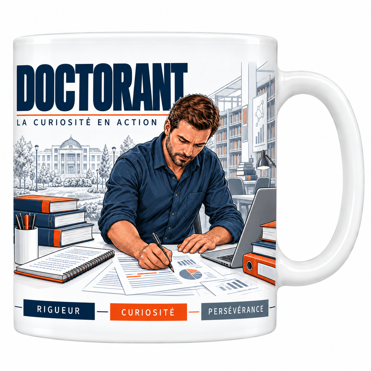 Mug céramique blanc Doctorant : le doctorant en chemise bleu marine annotant des graphiques en bibliothèque universitaire, livres et ordinateur portable, devise La curiosité en action
