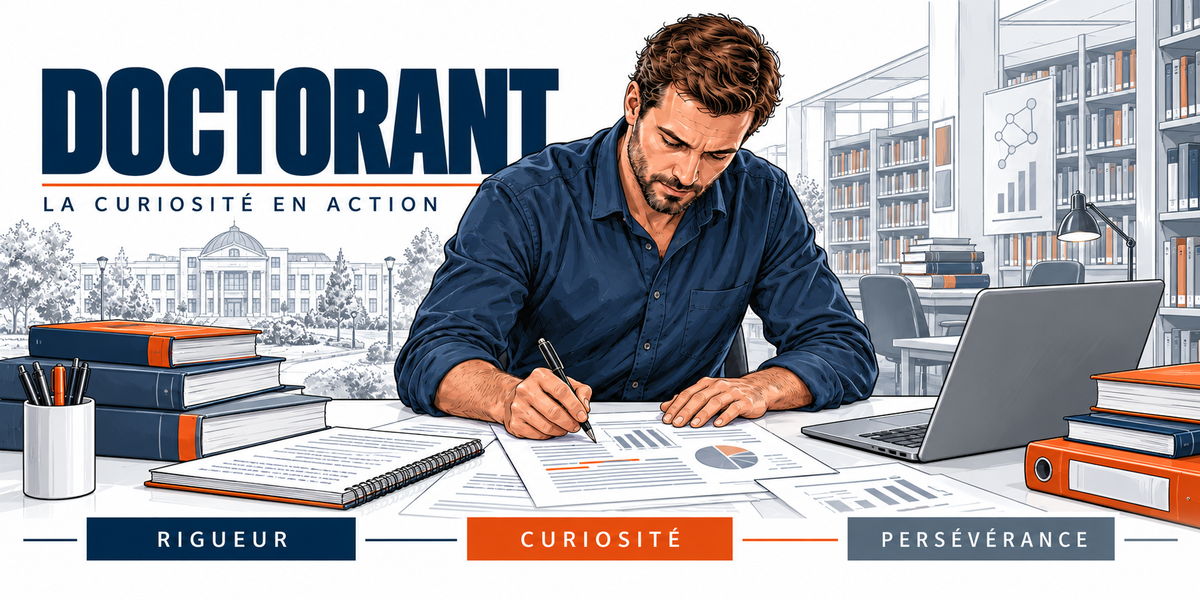 Design du mug Doctorant : titre en capitales bleu marine, le doctorant en chemise bleu marine à la table d'une bibliothèque, piles de livres, ordinateur portable, rayonnages, cartouches Rigueur, Curiosité, Persévérance
