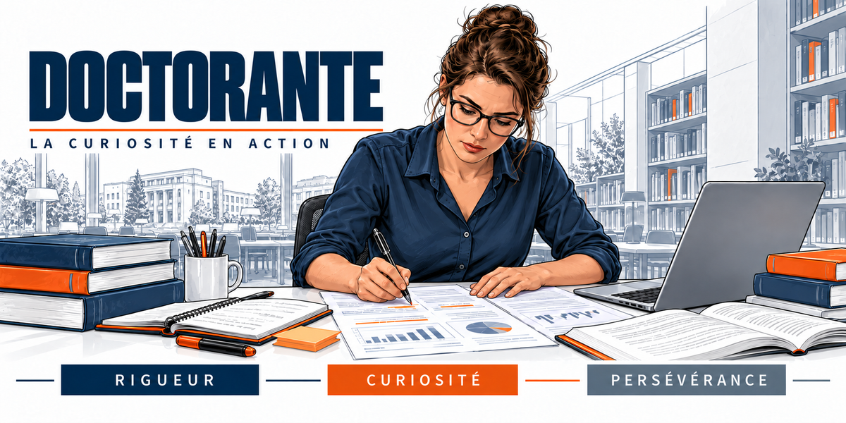 Design du mug Doctorante : titre en capitales bleu marine, la doctorante à lunettes, chignon et chemise bleu marine à la table d'une bibliothèque, piles de livres, ordinateur portable, rayonnages, cartouches Rigueur, Curiosité, Persévérance