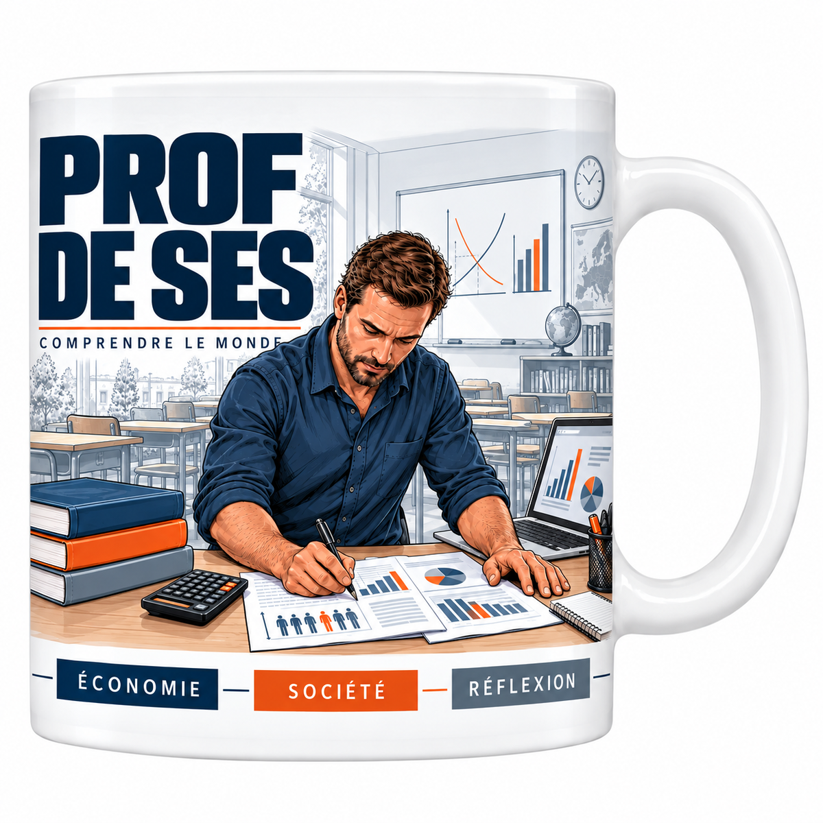 Mug céramique blanc Prof de SES : le professeur en chemise bleu marine corrigeant des copies de graphiques, tableau blanc avec courbes d'offre et de demande, calculatrice, devise Comprendre le monde