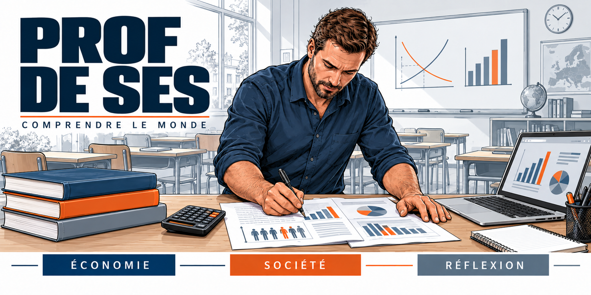 Design du mug Prof de SES : titre Prof de SES en capitales bleu marine, le professeur en chemise bleu marine au bureau, copies avec histogrammes et camemberts, tableau de courbes, salle de classe, cartouches Économie, Société, Réflexion