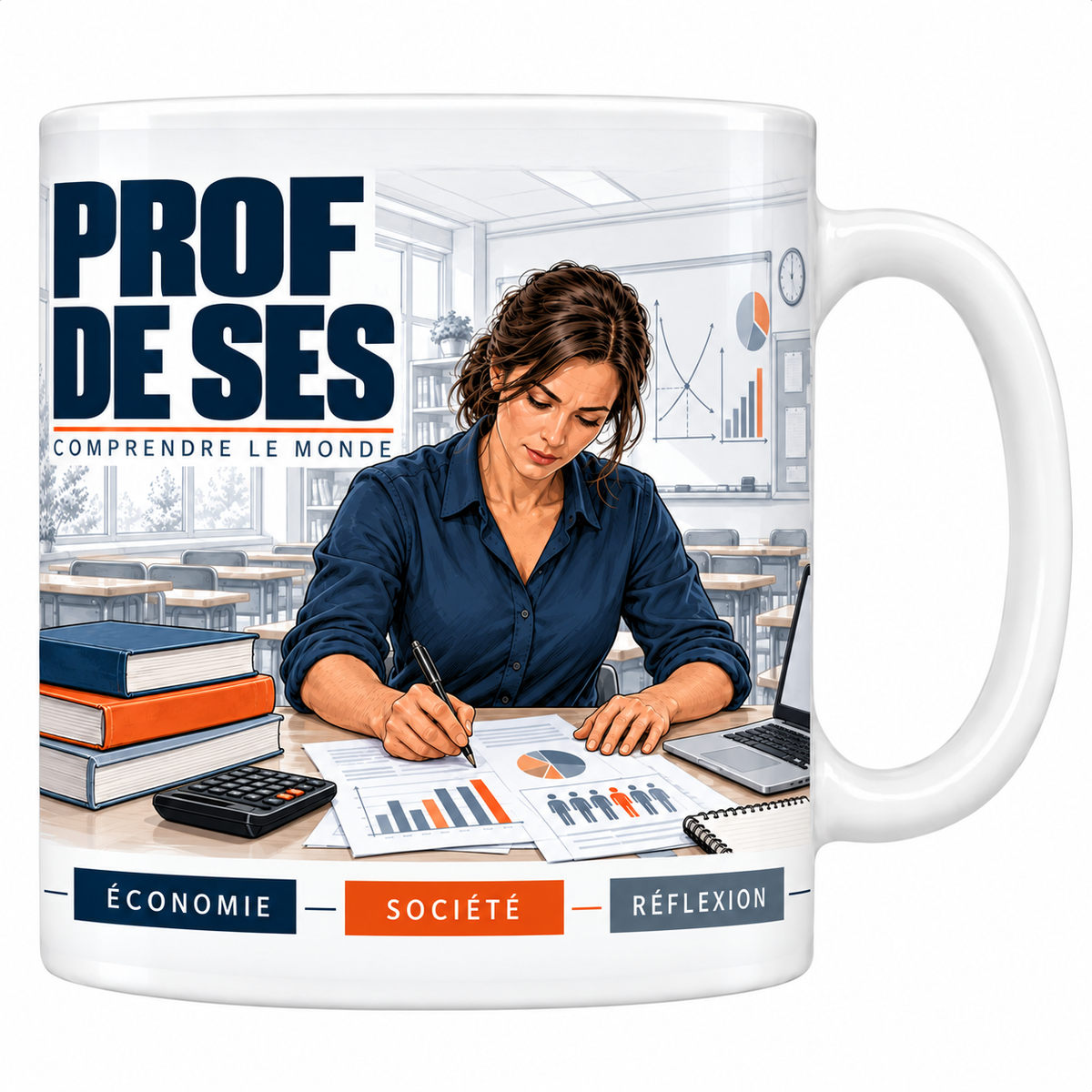Mug céramique blanc Professeure de SES : la professeure en chemise bleu marine corrigeant des copies de graphiques, tableau blanc avec courbes d'offre et de demande, calculatrice, devise Comprendre le monde