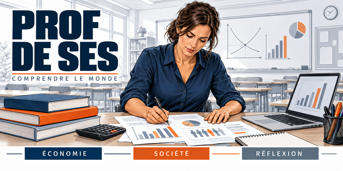 Design du mug Professeure de SES : titre Prof de SES en capitales bleu marine, la professeure en chemise bleu marine au bureau, copies avec histogrammes et camemberts, tableau de courbes, salle de classe, cartouches Économie, Société, Réflexion