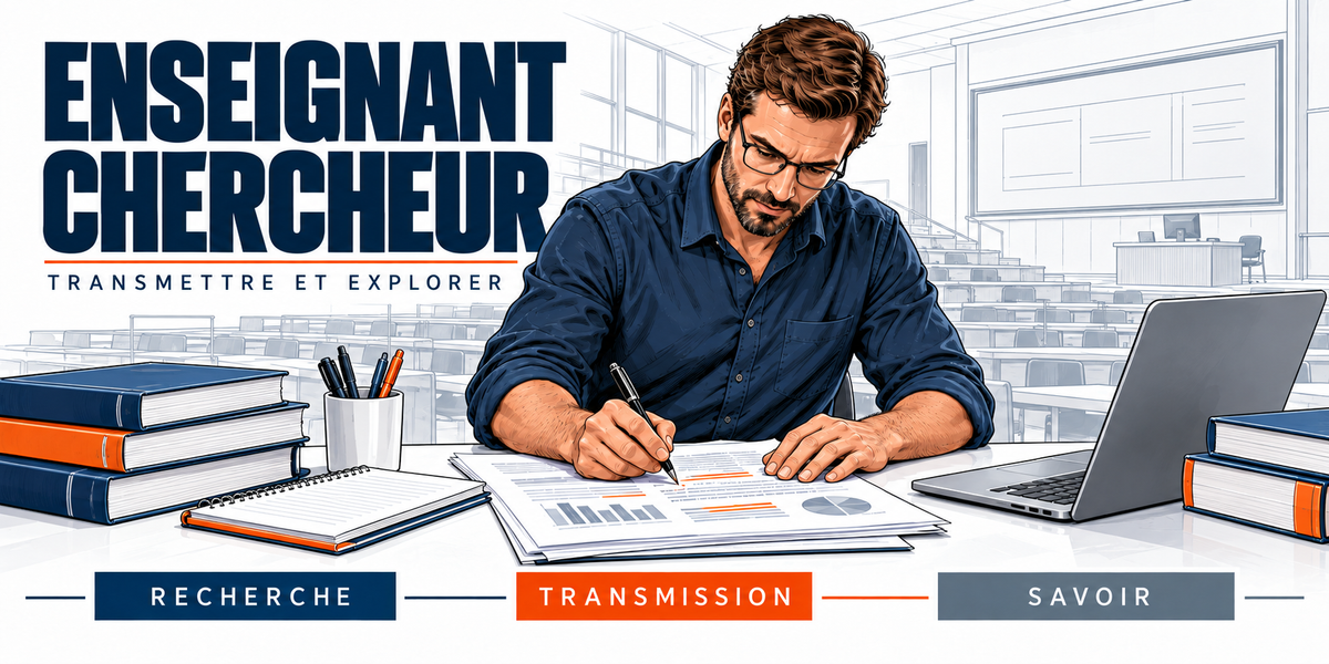 Design du mug Enseignant-Chercheur : titre en capitales bleu marine, l'enseignant-chercheur à lunettes, en chemise bleu marine, à sa table de travail, livres, ordinateur, amphithéâtre vide, cartouches Recherche, Transmission, Savoir