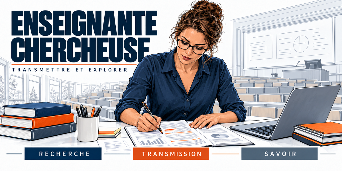 Design du mug Enseignante-Chercheuse : titre en capitales bleu marine, l'enseignante-chercheuse à lunettes, chignon et chemise bleu marine, à sa table de travail, livres, ordinateur, amphithéâtre vide, cartouches Recherche, Transmission, Savoir