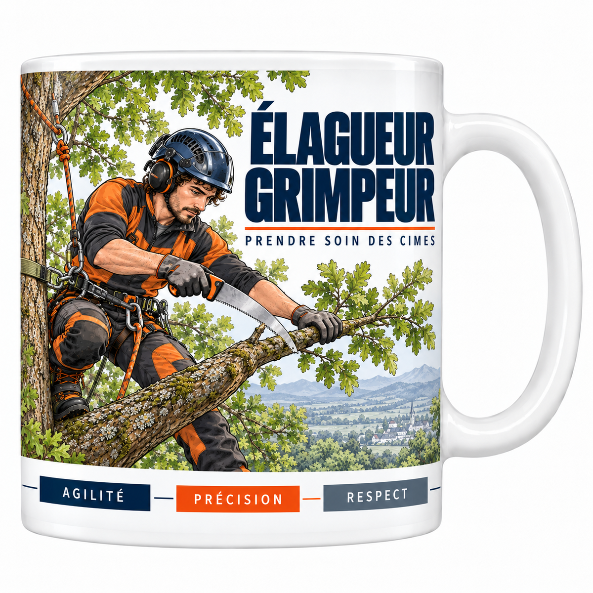 Mug céramique blanc Élagueur Grimpeur : l'élagueur encordé, casque et protections auditives, tenue orange et grise, sur une branche de chêne, scie à main, paysage vallonné, devise Prendre soin des cimes